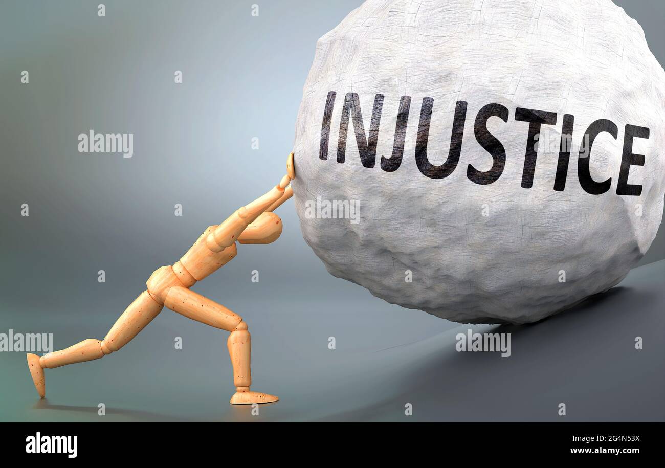 Injustice and painful human condition, pictured as a wooden human figure pushing heavy weight to show how hard it can be to deal with Injustice in hum Stock Photo