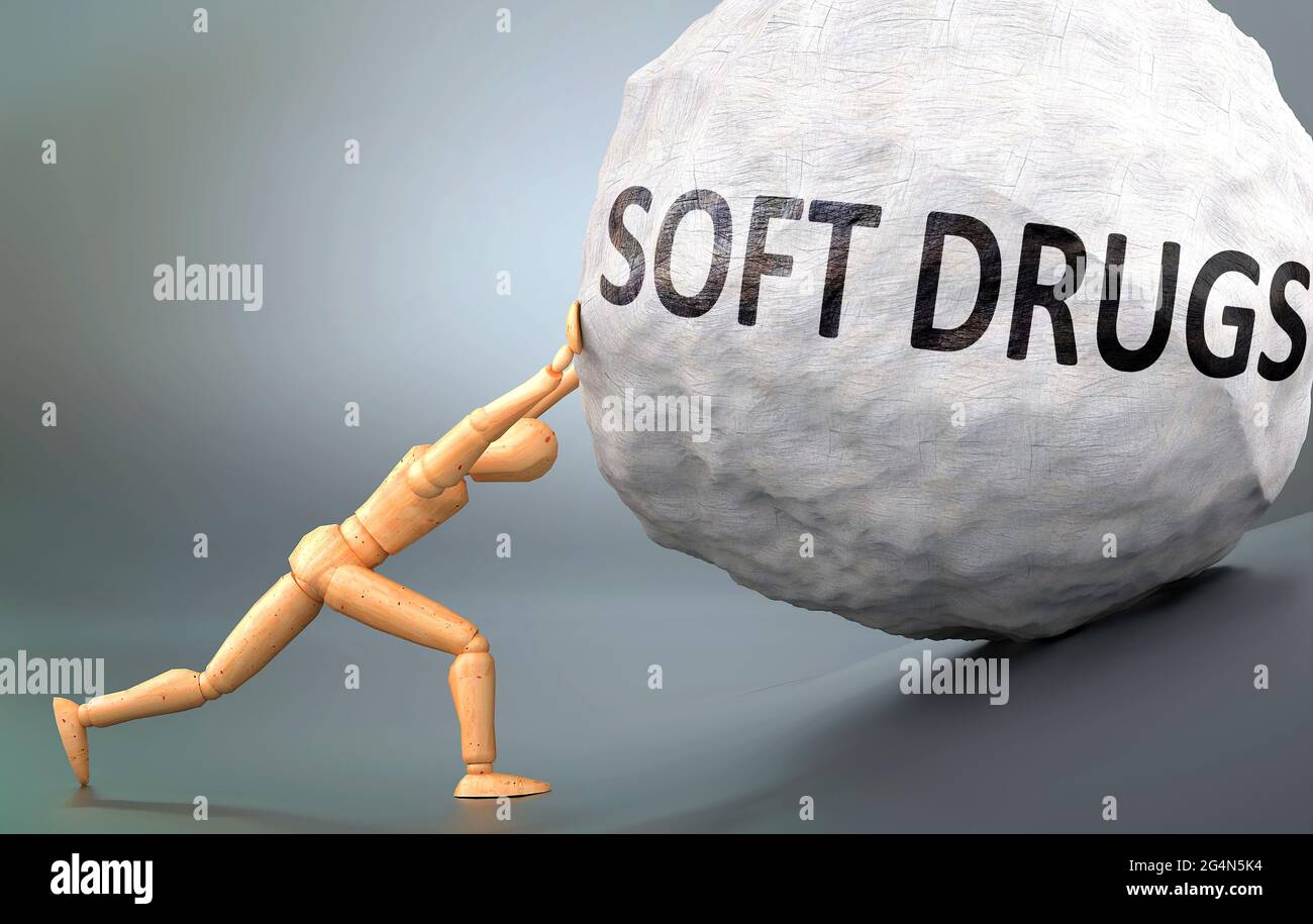 Soft drugs and painful human condition, pictured as a wooden human figure pushing heavy weight to show how hard it can be to deal with Soft drugs in h Stock Photo