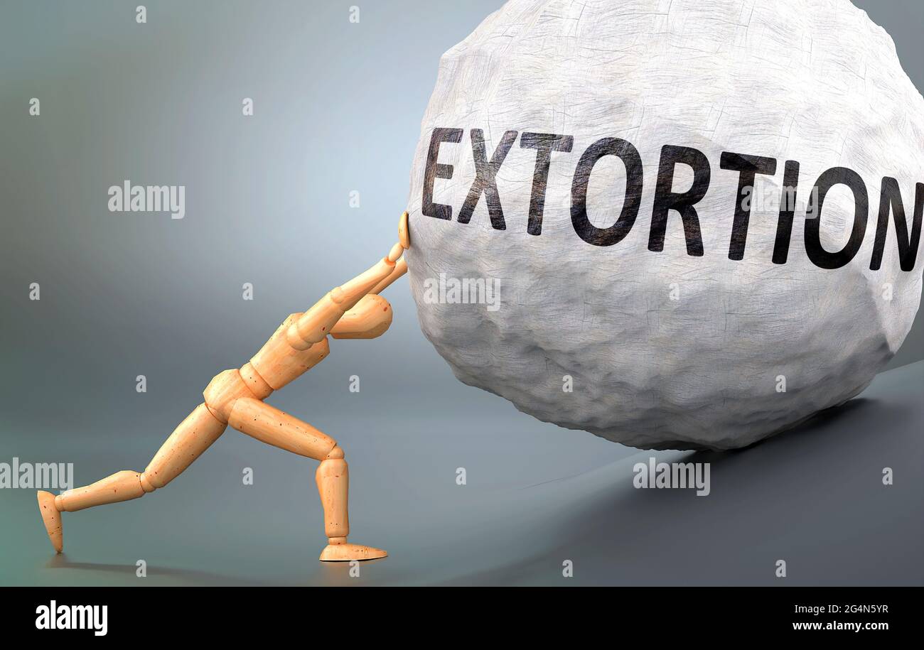 Extortion and painful human condition, pictured as a wooden human figure pushing heavy weight to show how hard it can be to deal with Extortion in hum Stock Photo