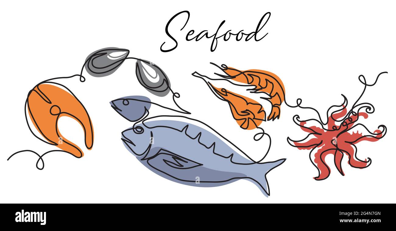 Seafood simple vector illustration, background, banner, poster. Signboard, store or shop sign design. One continuous line art drawing of seafood Stock Vector