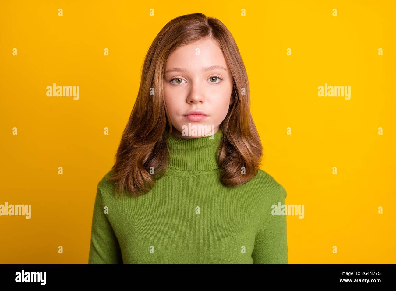 Photo portrait young girl wearing green turtleneck isolated bright ...