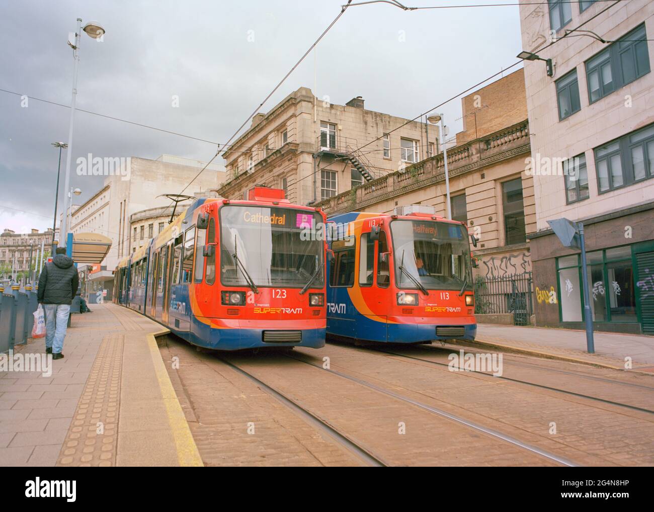 Sheffield, UK - 16 May 2021: The trams at Fitzalan Square tram stop. Stock Photo