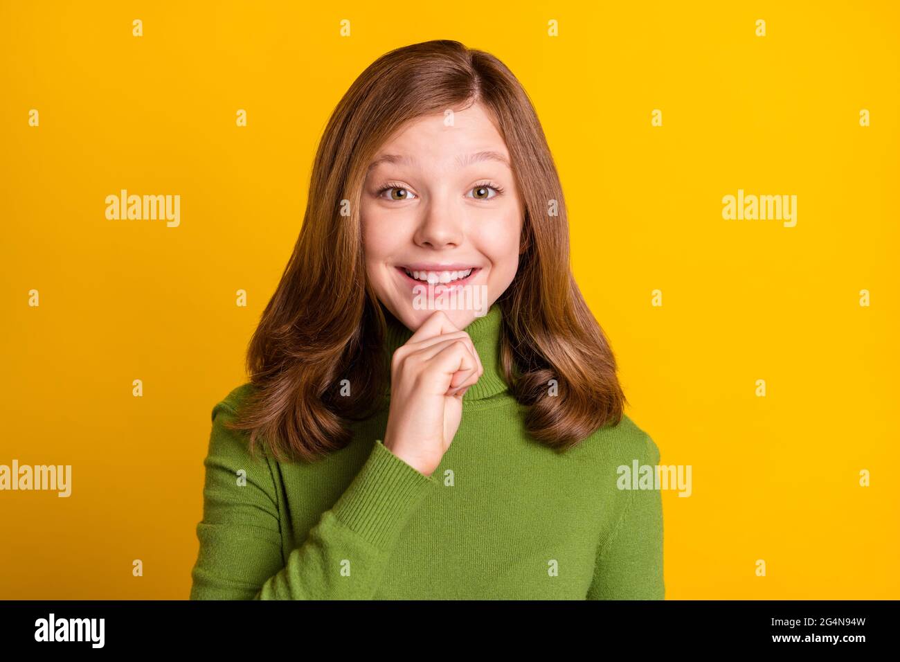 Photo portrait young girl wearing green turtleneck smiling touching ...