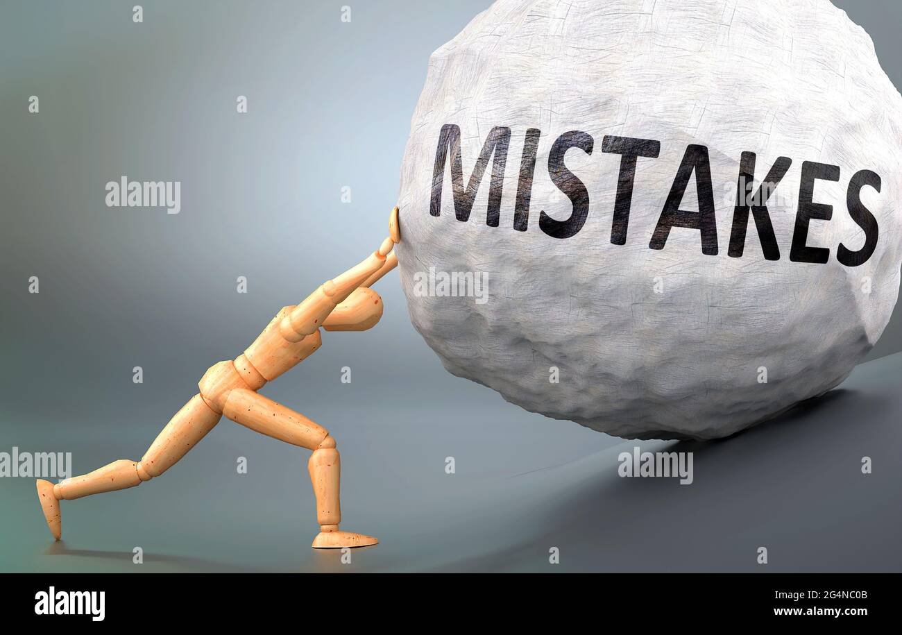 Mistakes and painful human condition, pictured as a wooden human figure pushing heavy weight to show how hard it can be to deal with Mistakes in human Stock Photo