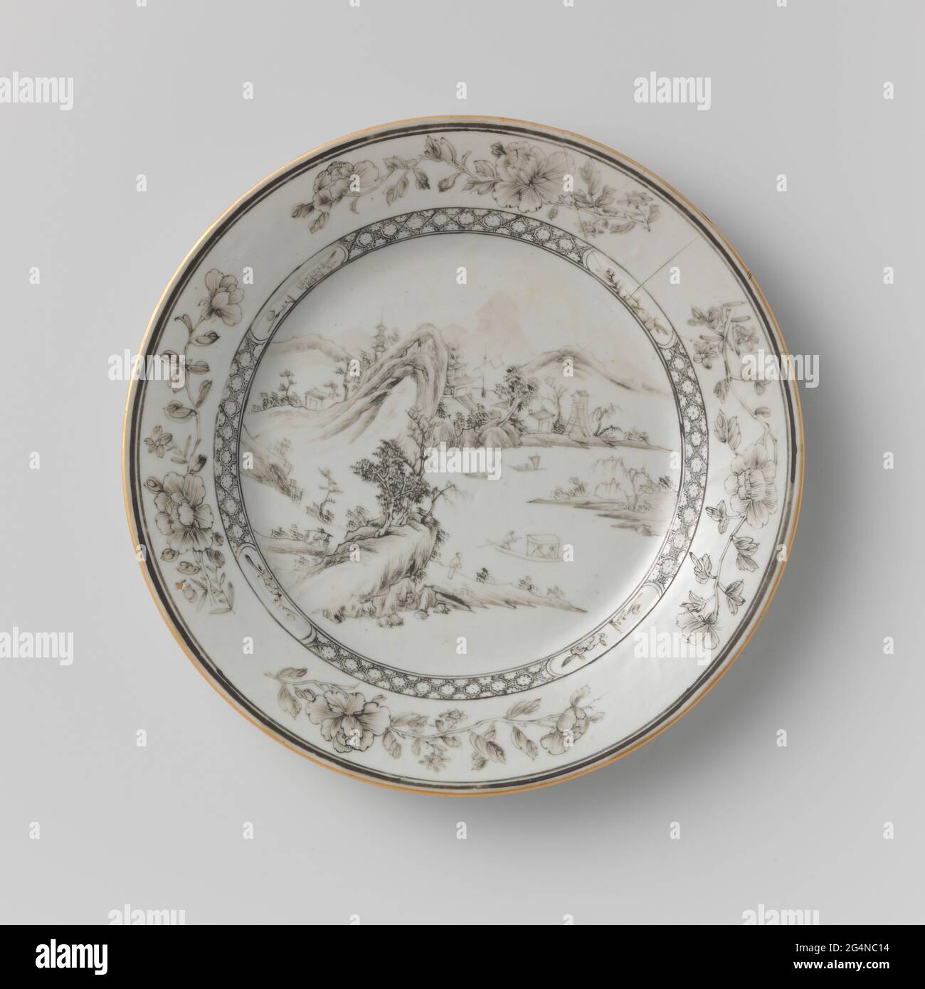 Plate with a Riverlandscape and Flower Sprays. Porcelain plate, painted on the glaze in black and gold. On the flat a river landscape with mountains, trees, houses and people in boats; the wall with napkin interspersed with flower branches in cartouches; The edge with four flower branches. Edge has been broken. Encre the chine. Stock Photo