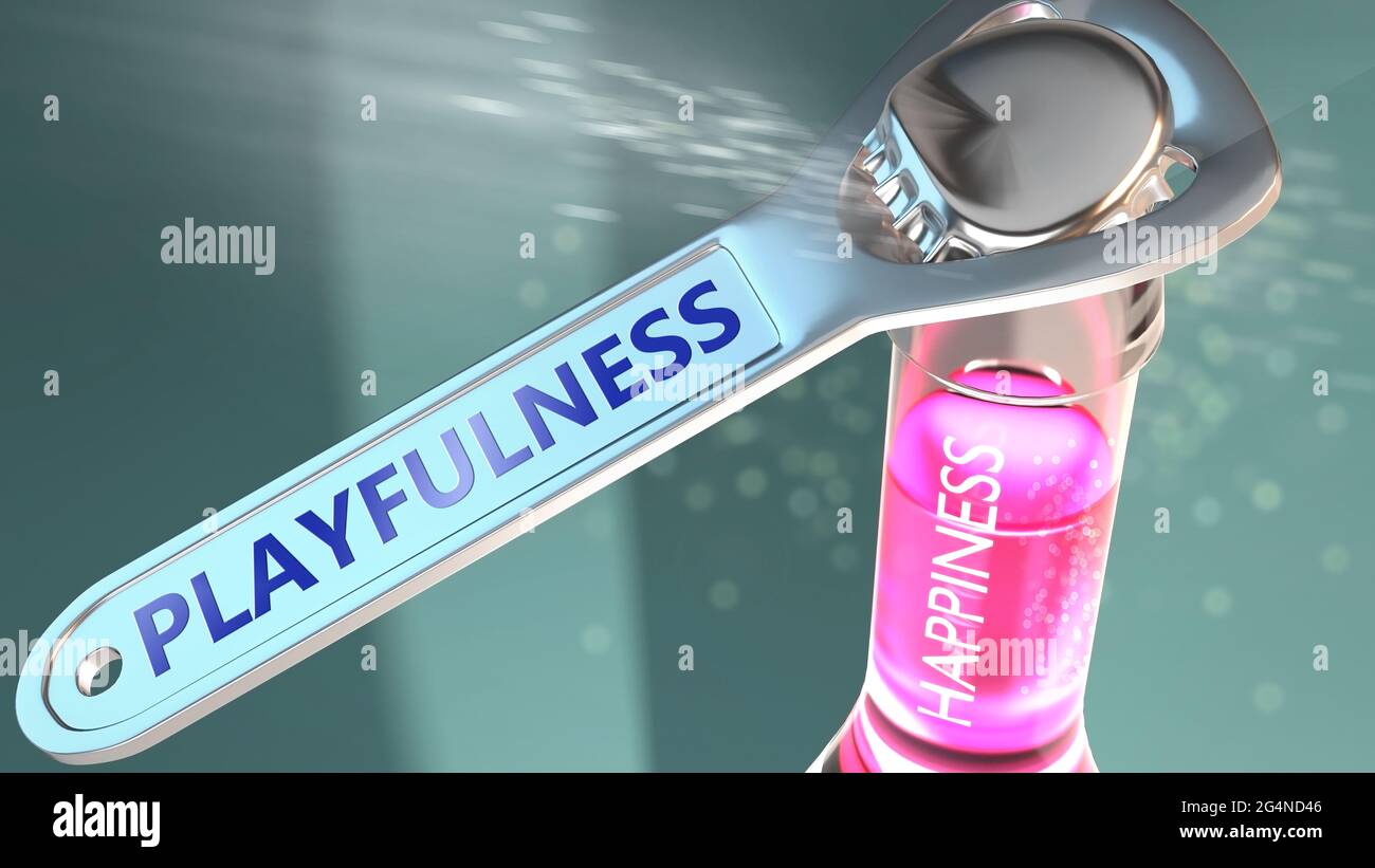Playfulness open the way for happiness - shown as a happy bottle opened by Playfulness to symbolize the effect and impact of Playfulness, its good val Stock Photo