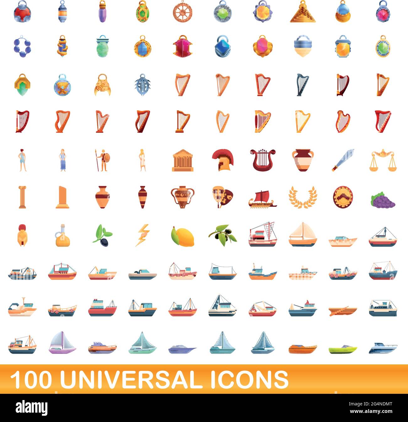 100 universal icons set. Cartoon illustration of 100 universal icons ...