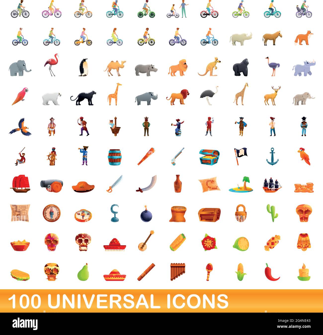100 universal icons set. Cartoon illustration of 100 universal icons ...