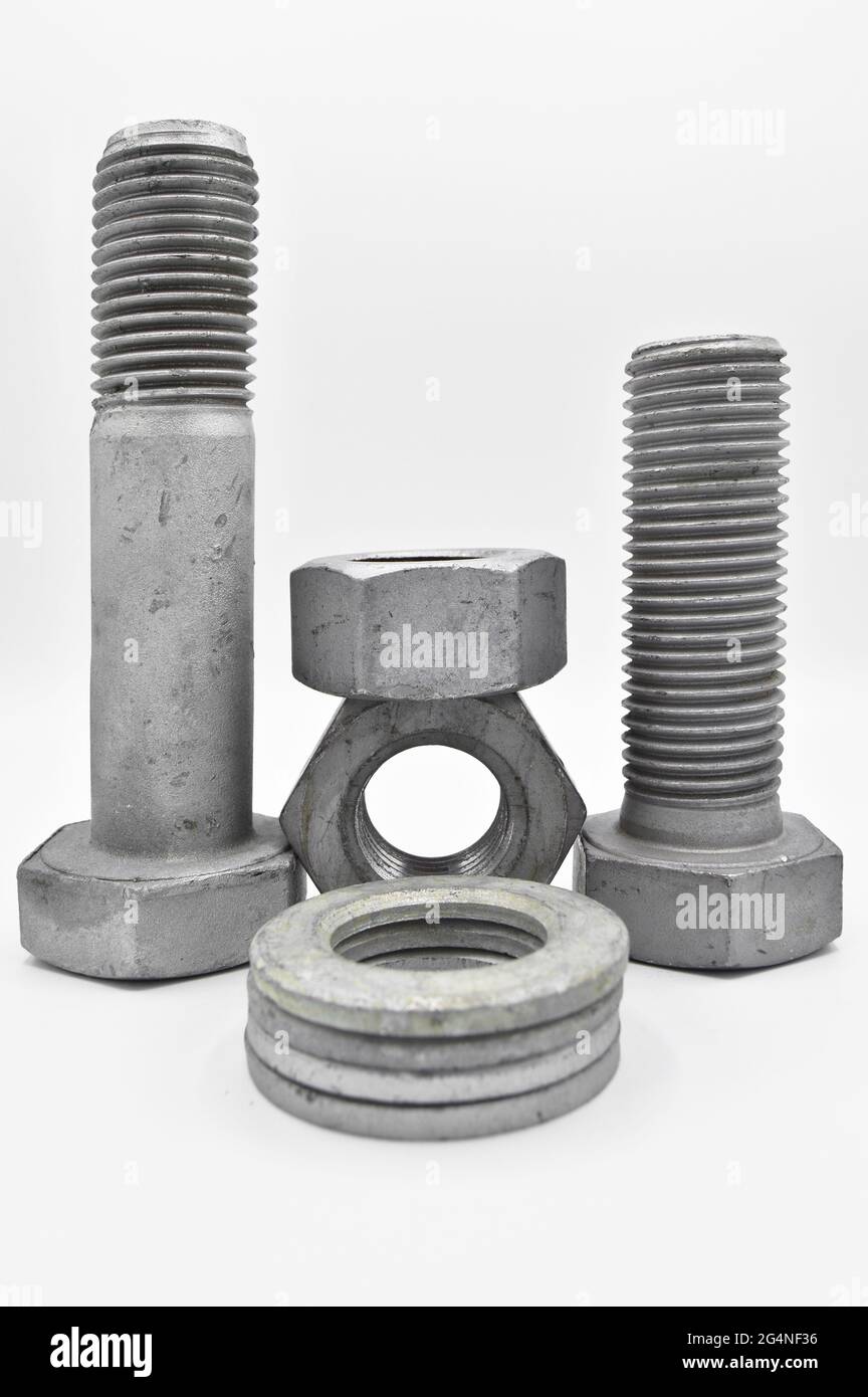 Galvanized steel metal with metric bolt nut and washer, isolated on