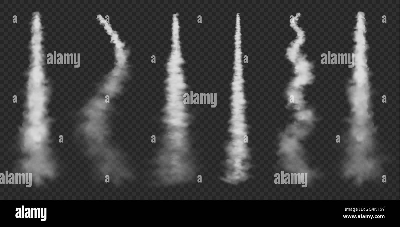 Realistic airplane condensation trails. Space rocket launch. Missile or bullet trail. Jet aircraft tracks. White smoke clouds, fog. Steam flow. Vector Stock Vector