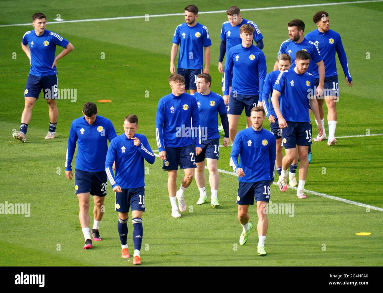 Scotland players warming up before the UEFA Euro 2020 Group D match at Hampden Park, Glasgow. Picture date: Tuesday June 22, 2021. Stock Photo