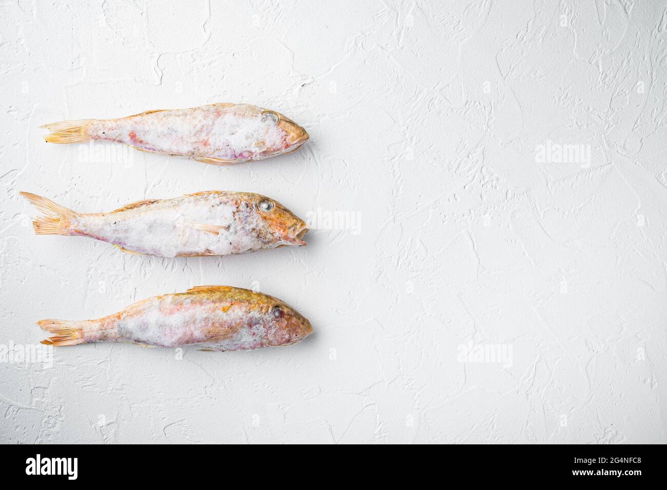 Frozen mullet or sultanka fish set, on white stone table background ...