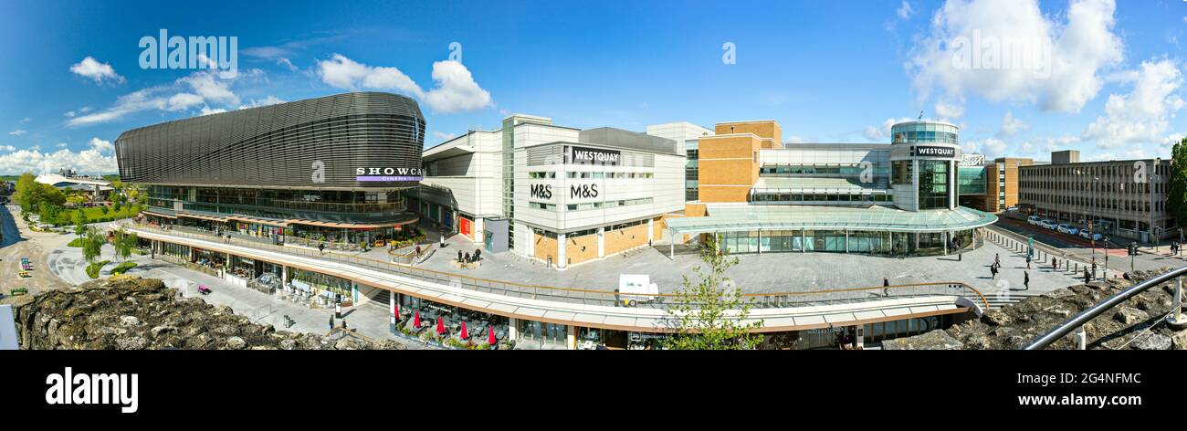 The Showcase Cinema and West Quay shopping centre viewed from Arundel Tower; part of Southampton's historic city wall. Stock Photo