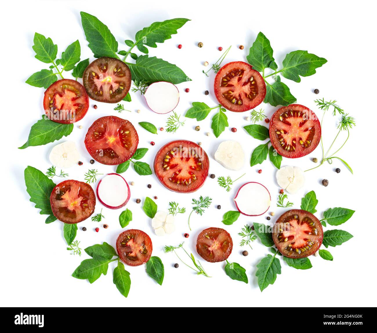 Cucumbers and tomatoes on a white background. Summer vegetarian pattern Stock Photo