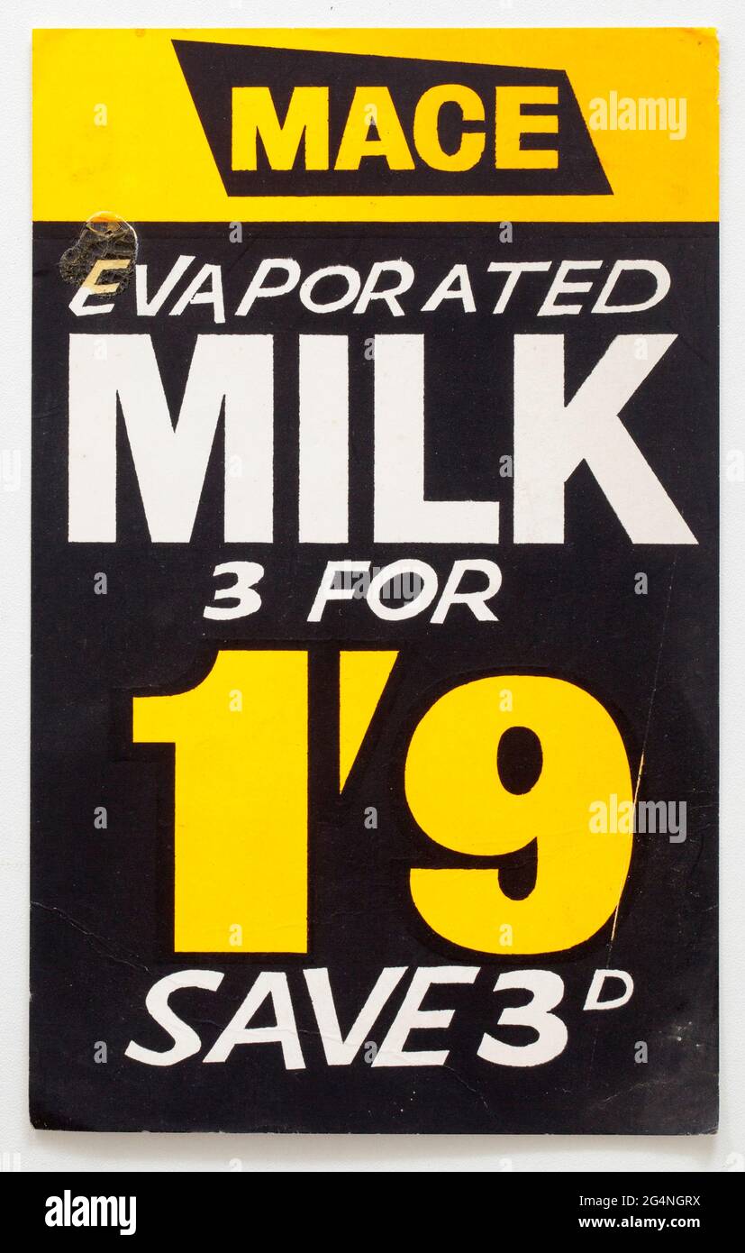 Vintage 1960s Shop Price Display Card - Evaporated Milk Stock Photo