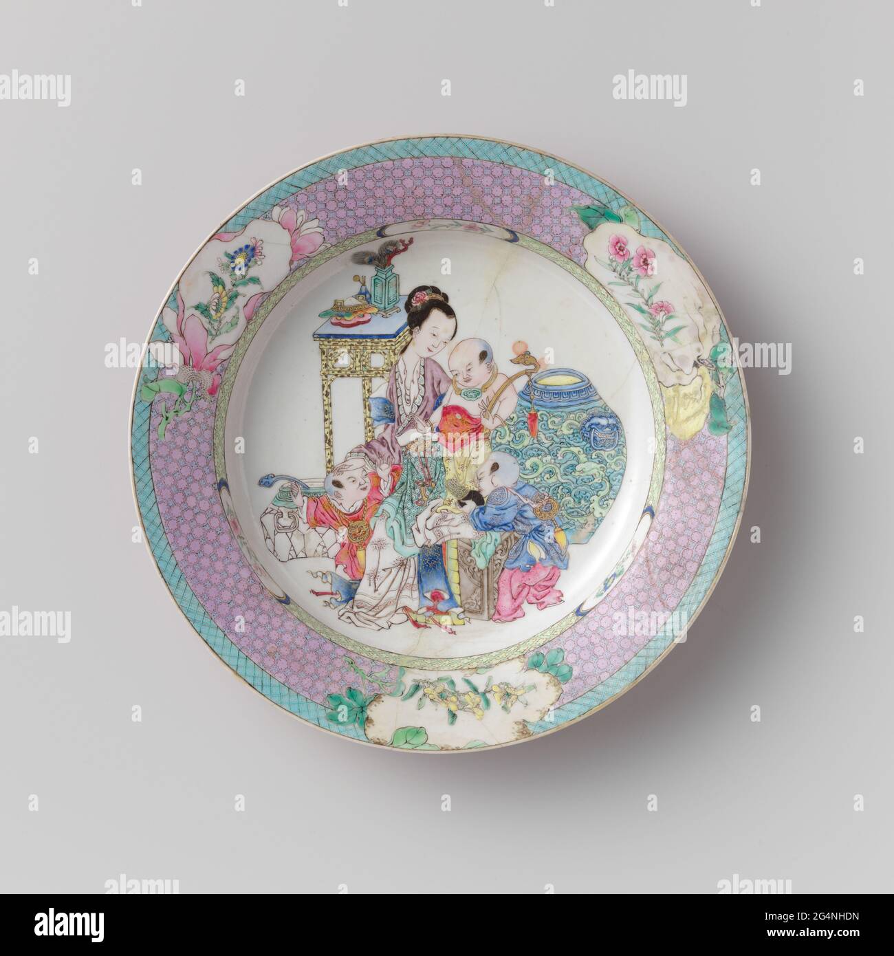 Plate with a Chinese Lady and Three Boys Among Precious Objects. Thin  porcelain plate, covered with a pink glaze and painted on the glaze in  blue, red, pink, green, yellow, turquoise, black