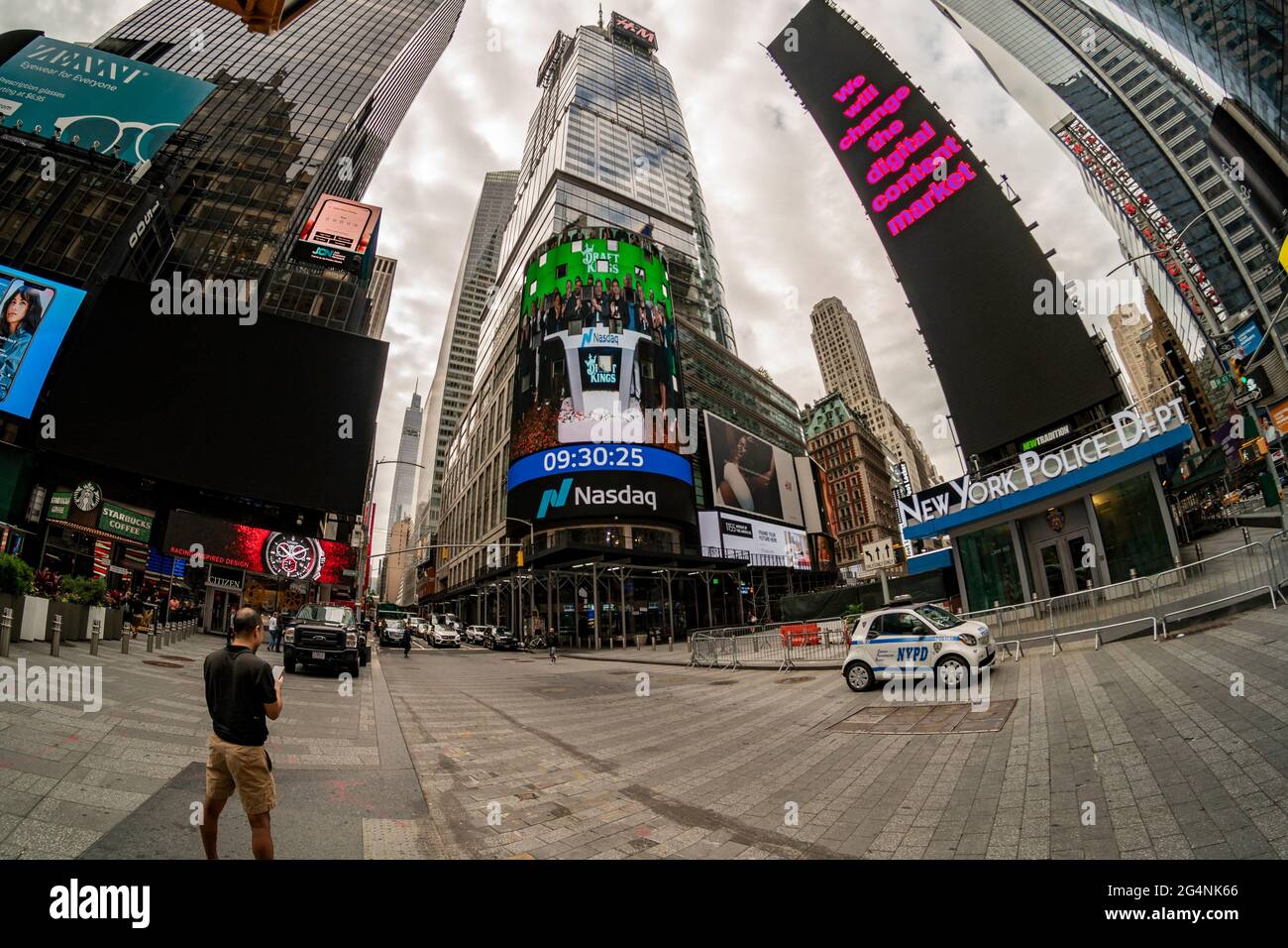 The Nasdaq stock exchange is decorated for a belated welcoming for DraftKings, in Times Square in New York on Frida June 11, 2021.  DraftKings went public in April 2020 combining with a SPAC.(© Richard B. Levine) Stock Photo