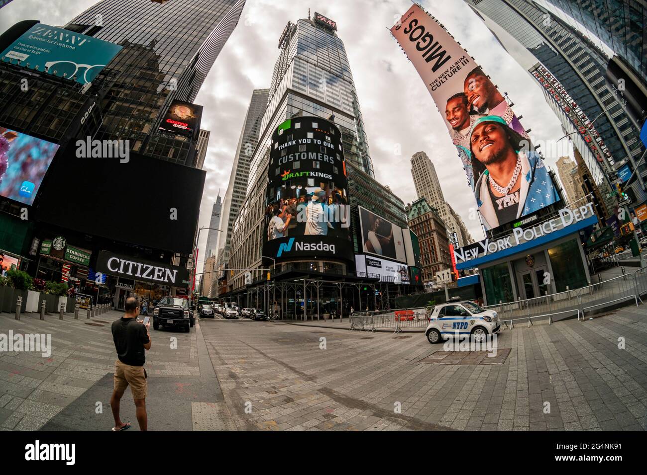 The Nasdaq stock exchange is decorated for a belated welcoming for DraftKings, in Times Square in New York on Frida June 11, 2021.  DraftKings went public in April 2020 combining with a SPAC.(© Richard B. Levine) Stock Photo