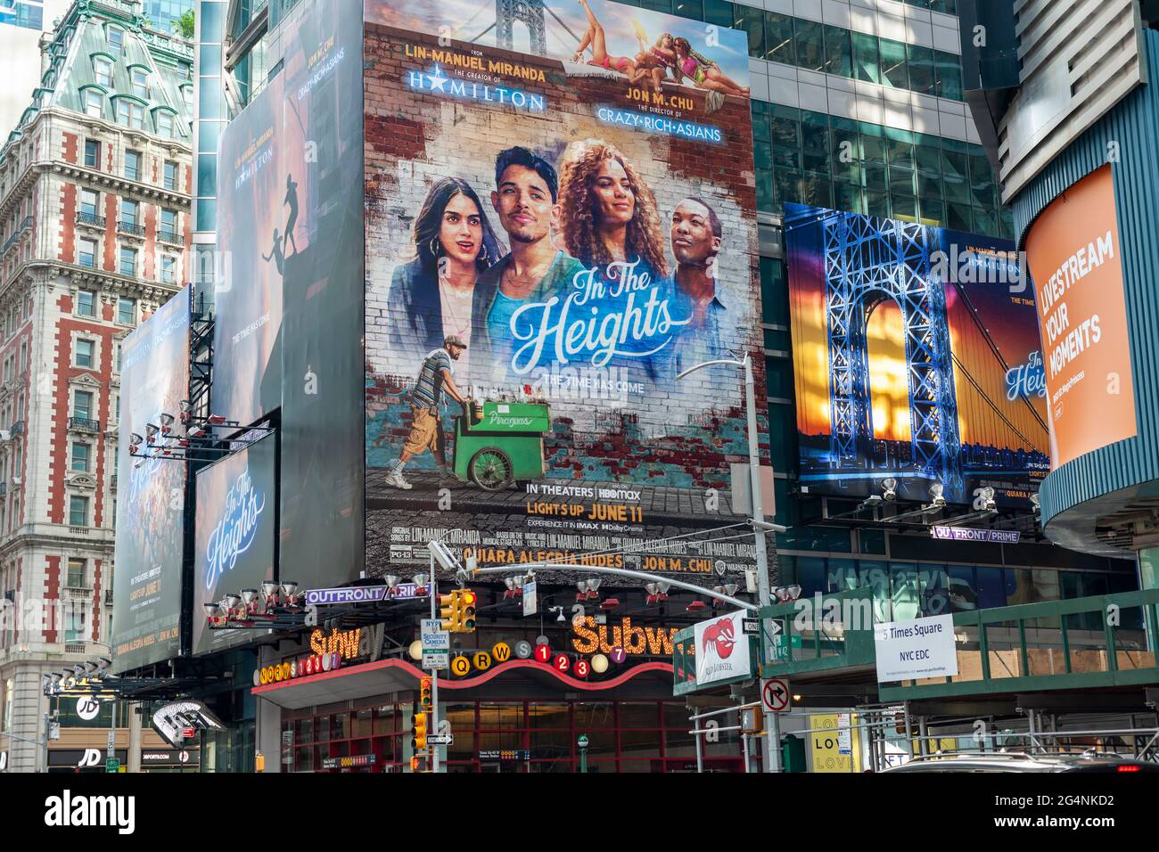 The film version of Lin-Manuel Mirandas’ musical “In the Heights” is advertised in Times Square in New York on Wednesday, June 9, 2021. “In the Heights” is to open the Tribeca Film Festival with 13 simultaneous showings around the city. (© Richard B. Levine) Stock Photo