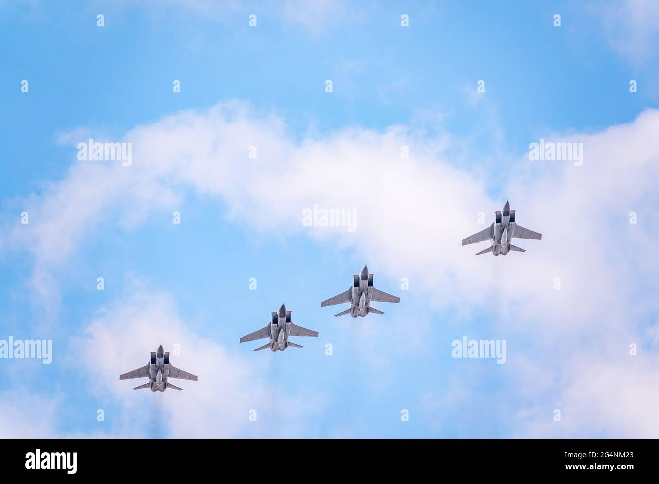 Moscow, Russia - May, 05, 2021: Four MIG-31K, Foxhound, with Kh-47M2 Kinzhal missle flying over Red Square during the preparation of the May 9 parade. Stock Photo
