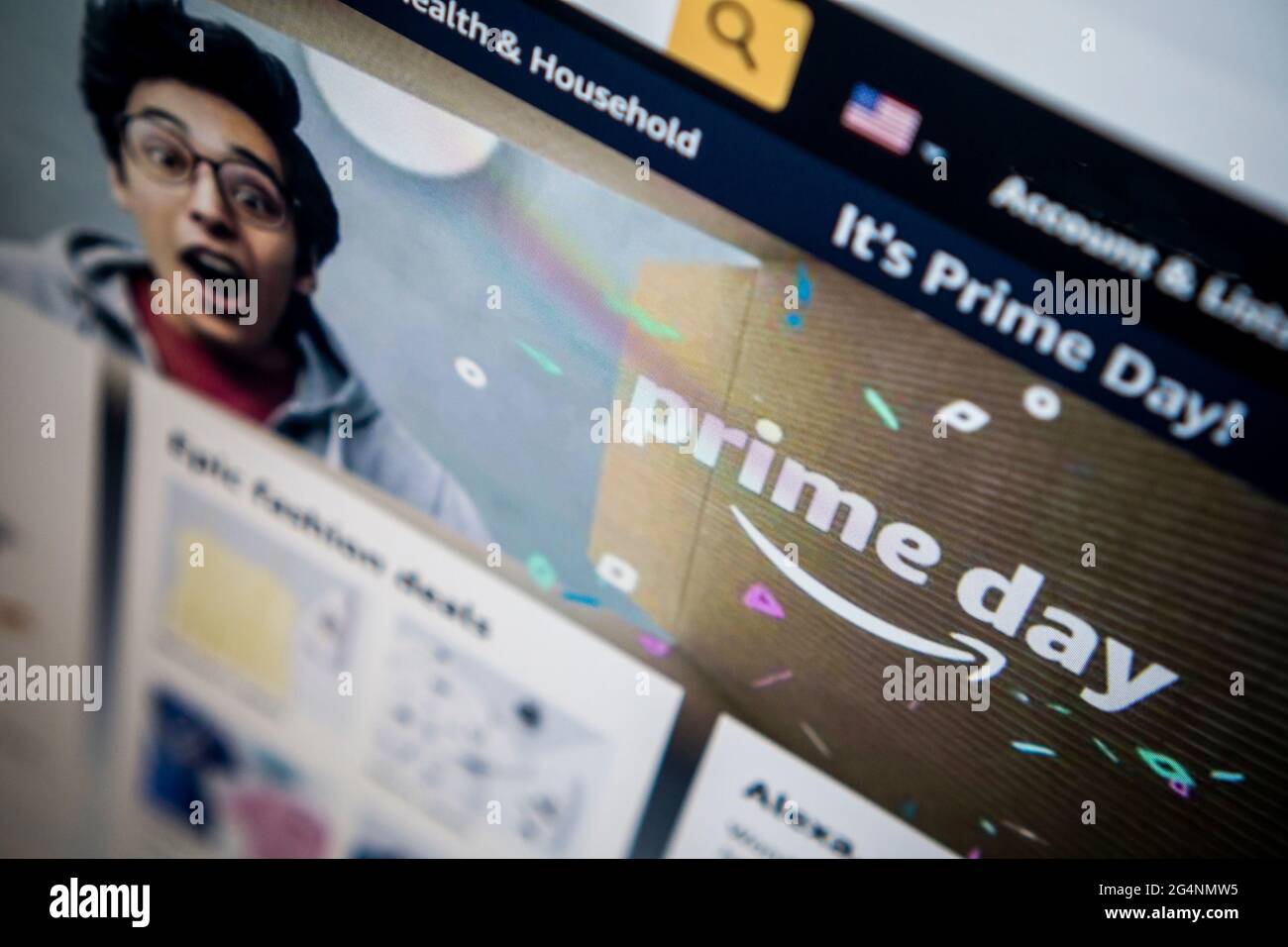 The Amazon website promotes their self-proclaimed 'Prime Day' on Monday, June 21, 2021. This is the seventh year that Amazon is offering bargains and deals galore to Amazon Prime shoppers on this two-day self-proclaimed holiday event. Other retailers including Wal-Mart, Target and Macy’s are also offering savings during this time (© Richard B. Levine) Stock Photo