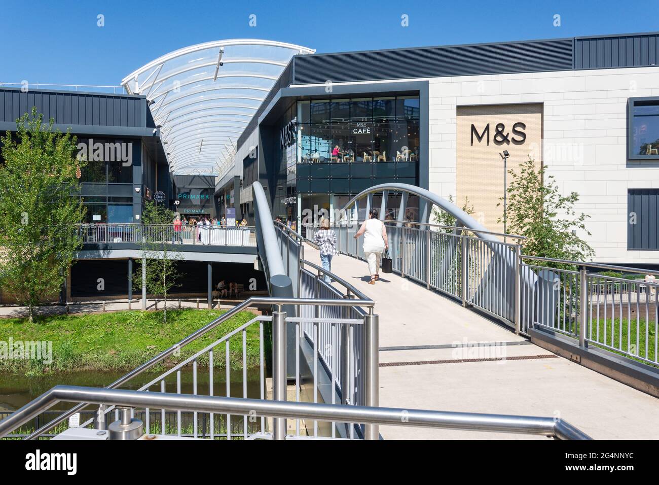 Entrance to Riverside Shopping Centre across River Sow, Stafford, Staffordshire, England, United Kingdom Stock Photo