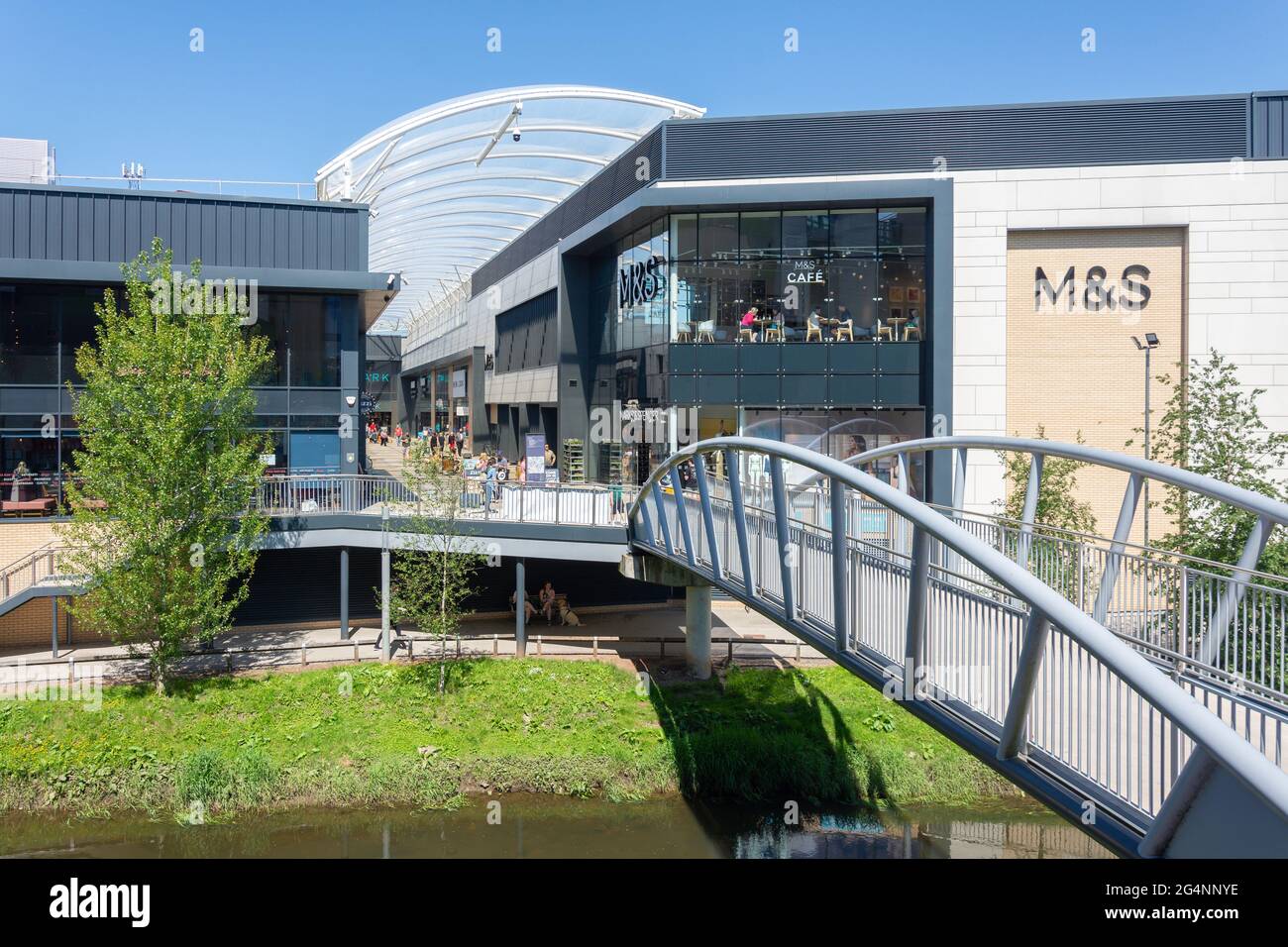 Entrance to Riverside Shopping Centre across River Sow, Stafford, Staffordshire, England, United Kingdom Stock Photo