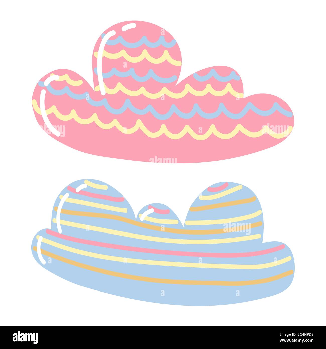Cartoon painted clouds of pink and blue color isolated on white background. Pastel colors. Cartoon Cute Style. Set of Decorative Clouds. For children Stock Vector