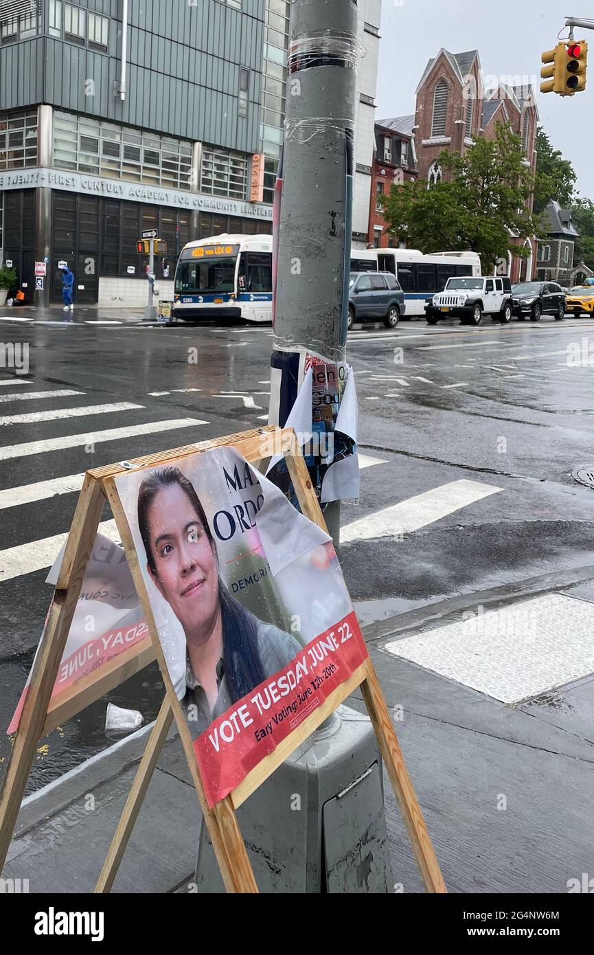 New York, NY, USA. 22nd June, 2021. Canvassers for Political Candidates near the PS IS 210 School Polling Site in Hamilton Heights-Harlem on Primary Election Day in New York City on June 22, 2021. Credit: Rainmaker Photos/Media Punch/Alamy Live News Stock Photo