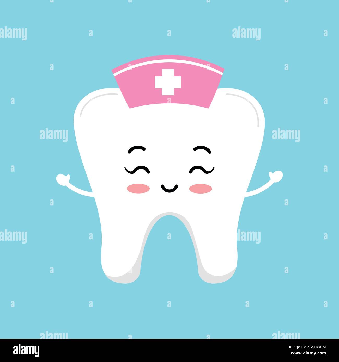 Cute tooth nurse with pink medical cap and cross. Stock Vector