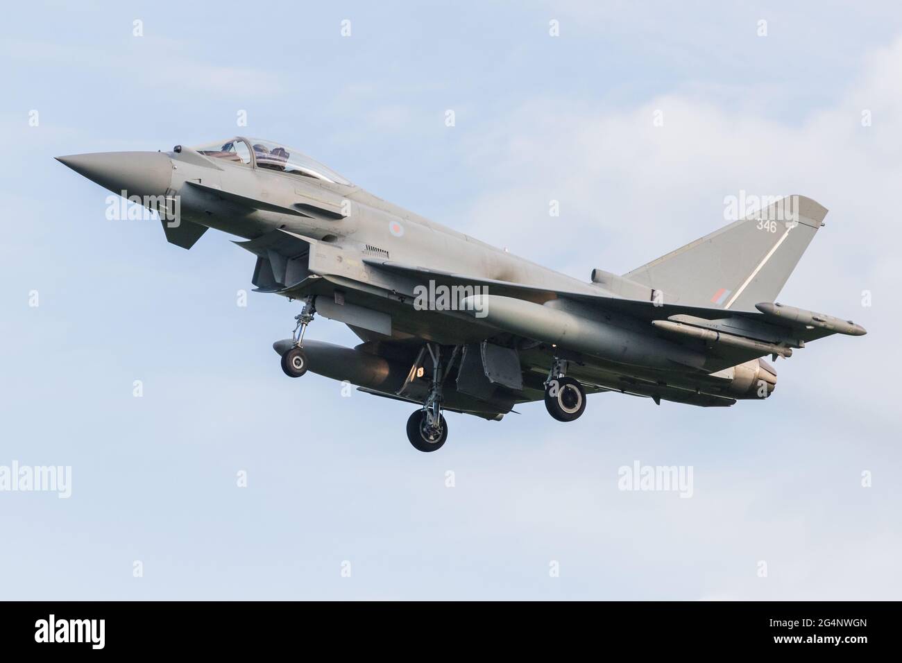 An RAF Typhoon seen returning to RAF Coningsby in Lincolnshire after a training sortie in June 2021. Stock Photo