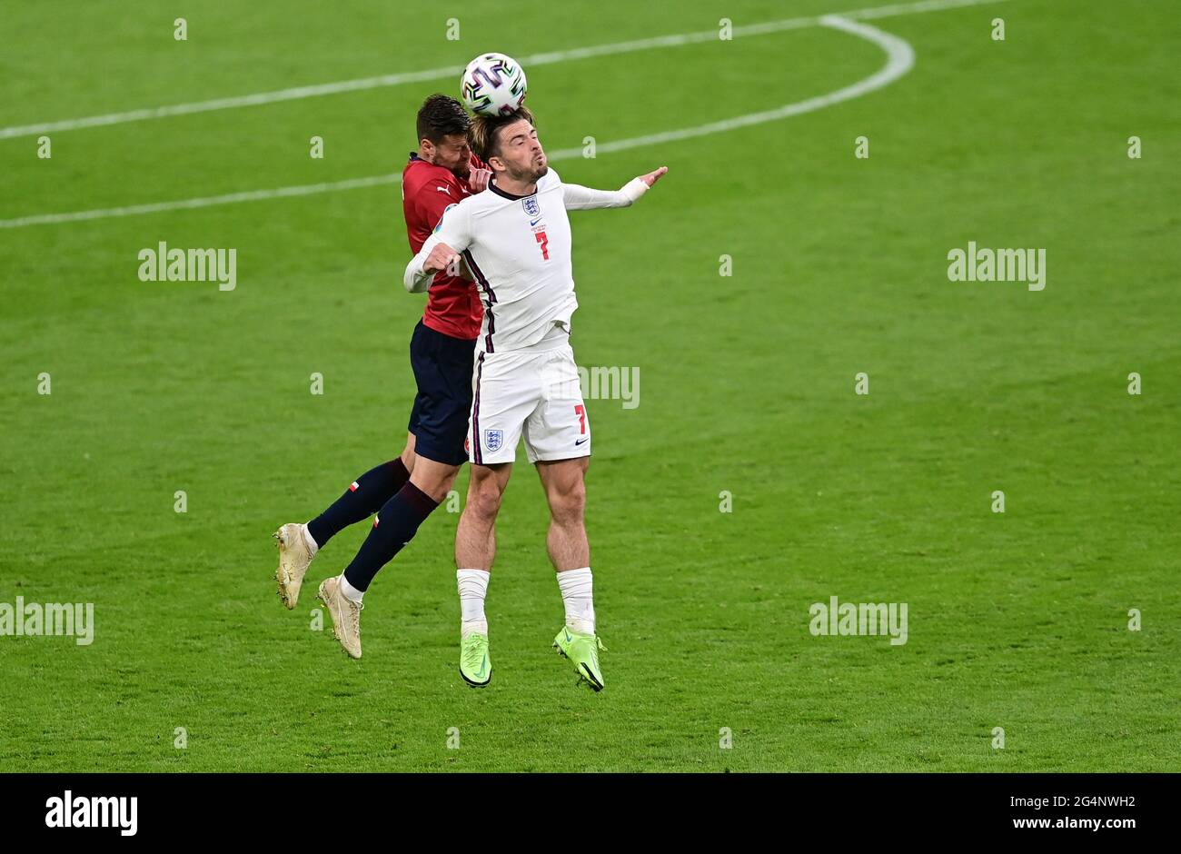 Soccer Football - Euro 2020 - Group D - Czech Republic v England - Wembley Stadium, London, Britain - June 22, 2021 England's Jack Grealish in action with Czech Republic's Ondrej Celustka Pool via REUTERS/Neil Hall Stock Photo