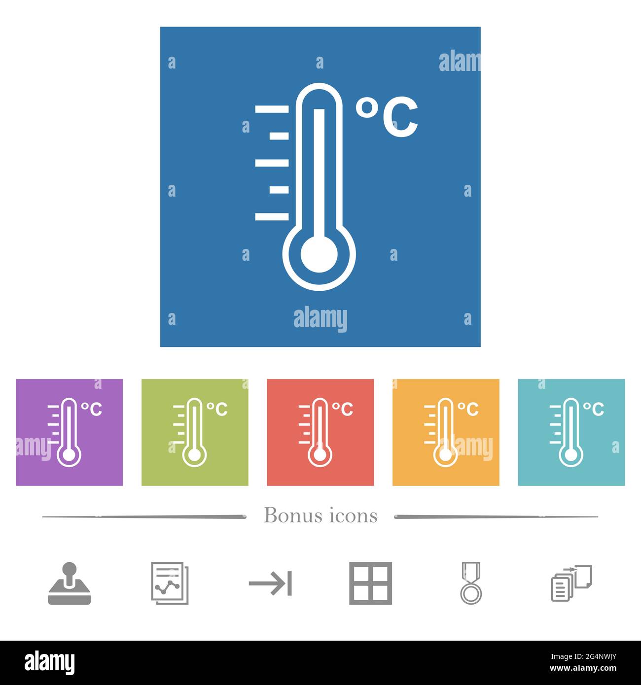 Celsius thermometer warm temperature flat white icons in square ...