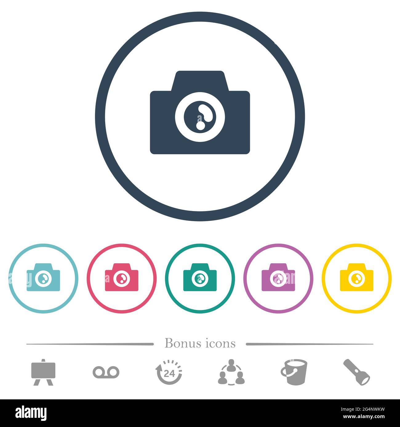 Camera solid flat color icons in round outlines. 6 bonus icons included ...