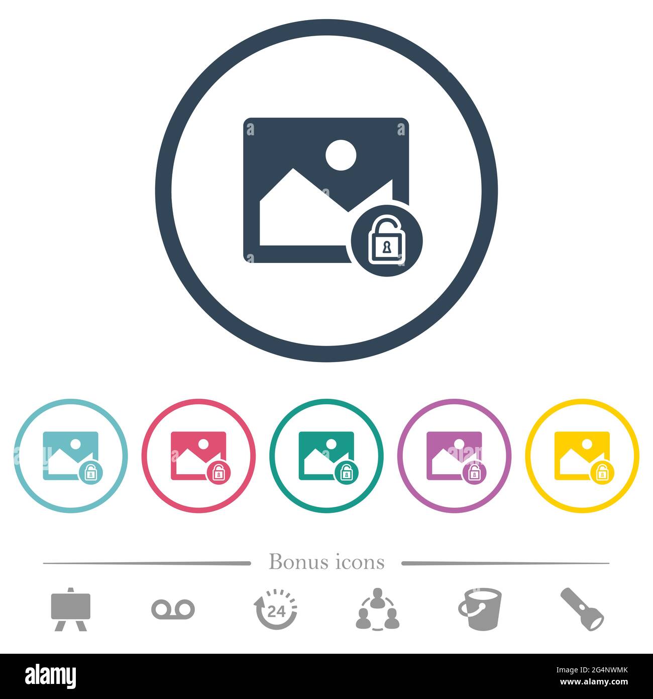 Unlocked image flat color icons in round outlines. 6 bonus icons ...