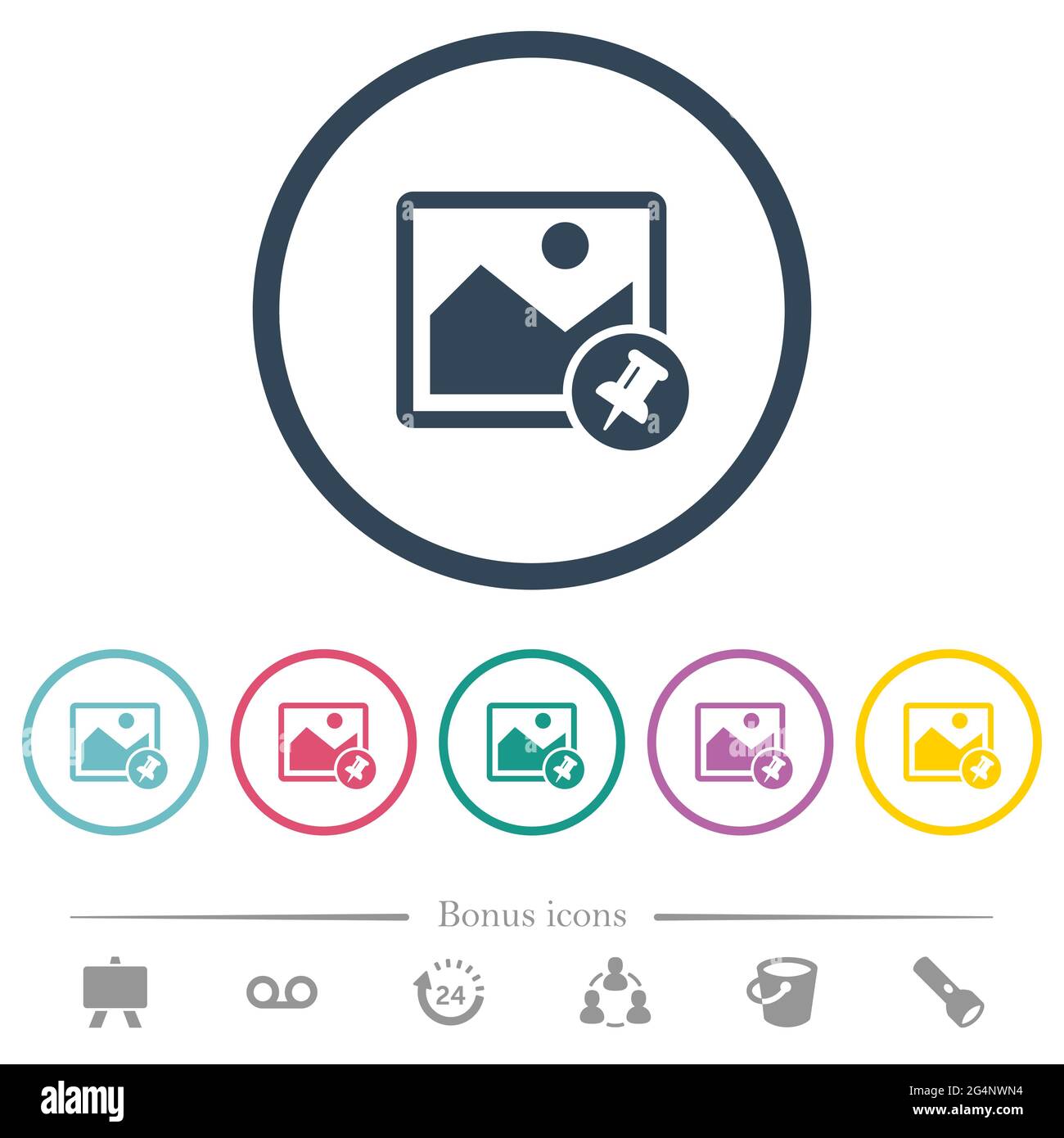 Pin image flat color icons in round outlines. 6 bonus icons included ...