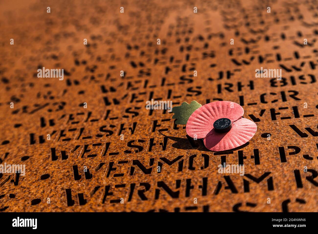 Poppy casting a shadow over some of the 57000 names who lost their lives during WW2 defending England as part of bomber command.  Pictured at Memorial Stock Photo