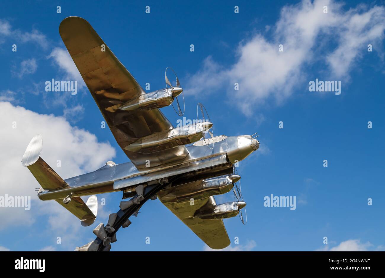 Lancaster bomber statue seen at the International Bomber Command Centre near Lincoln in June 2021 to remember Operation Manna in World War Two. Stock Photo