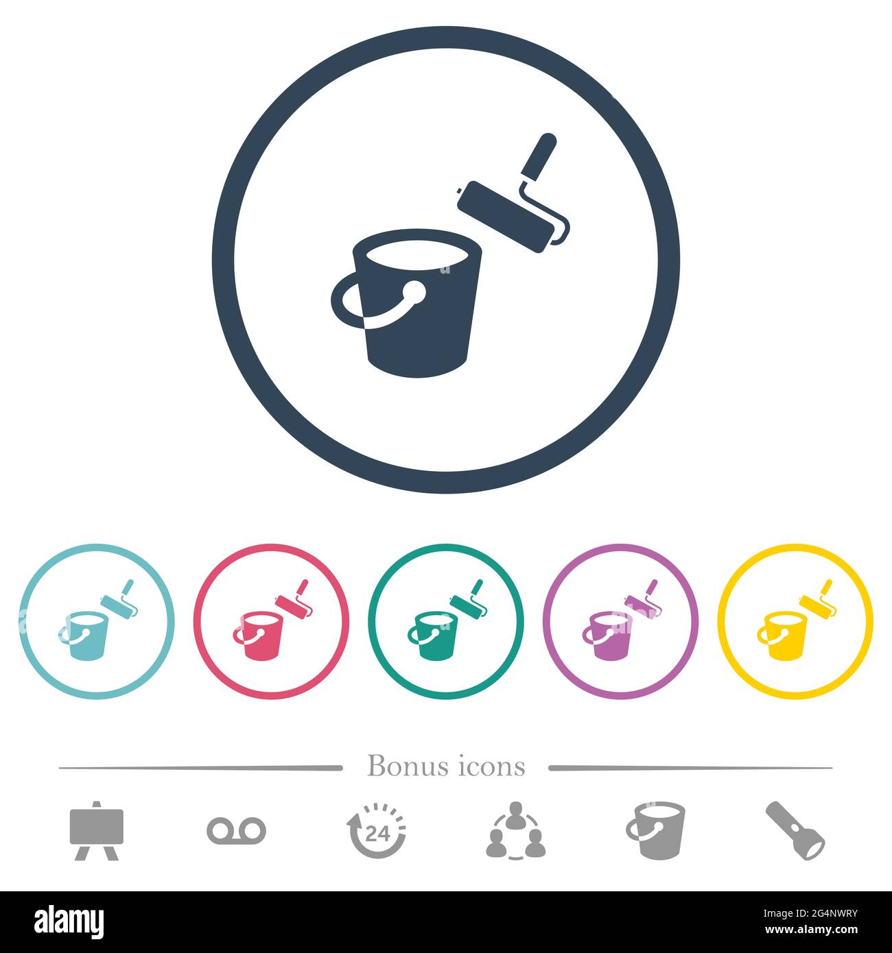 Paint bucket and paint roller flat color icons in round outlines. 6 ...