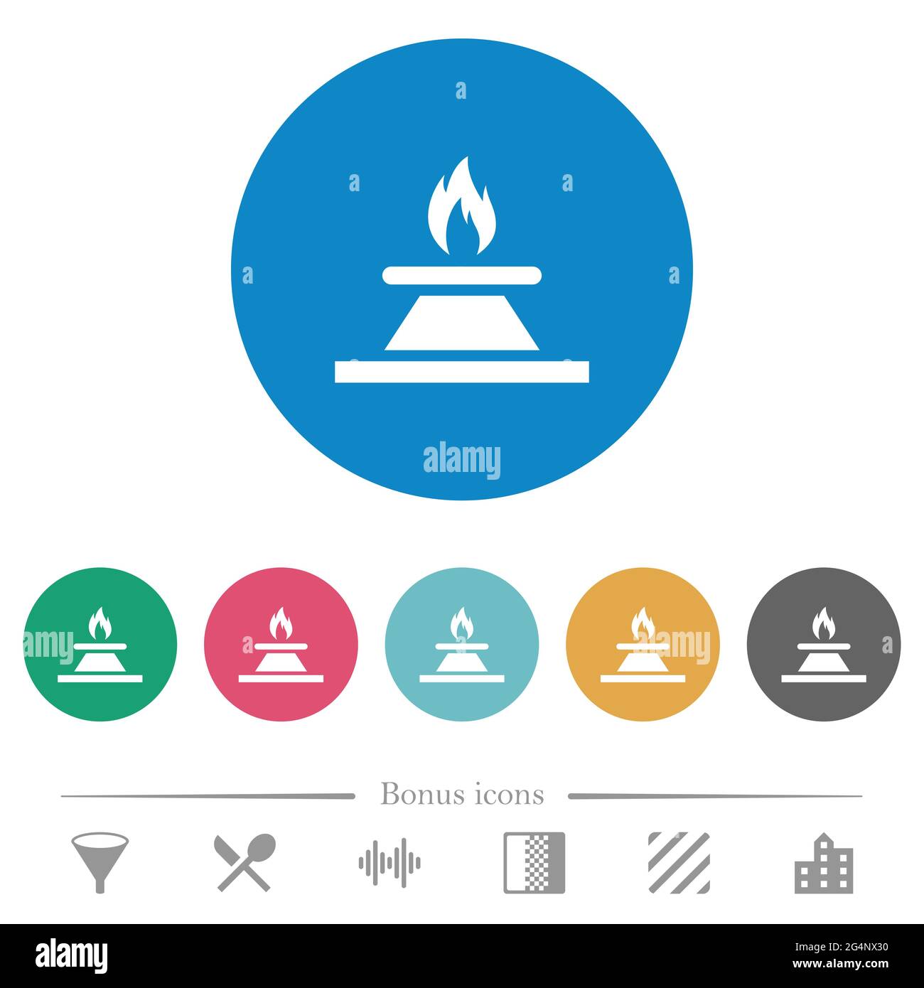 Kitchen gas stove flat white icons on round color backgrounds. 6 bonus ...