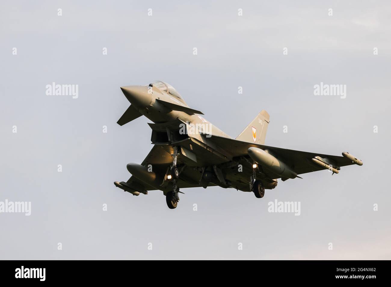 An RAF Typhoon coming into land in June 2021 at Royal Air Force Coningsby in Lincolnshire after a training sortie. Stock Photo