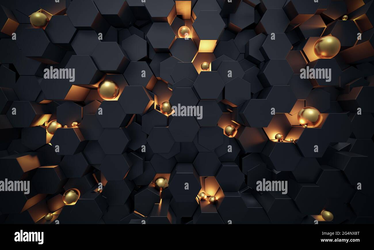 Abstract 3D Dark hexagon wallpaper or background with golden sphere lightened by yellow light Stock Photo