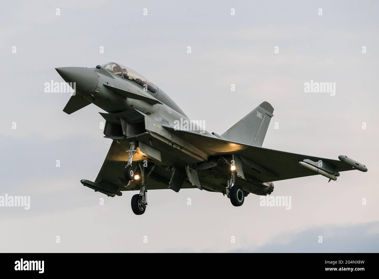 Twin seat Typhoon coming into land at RAF Coningsby in Lincolnshire during a training sortie in June 2021. Stock Photo