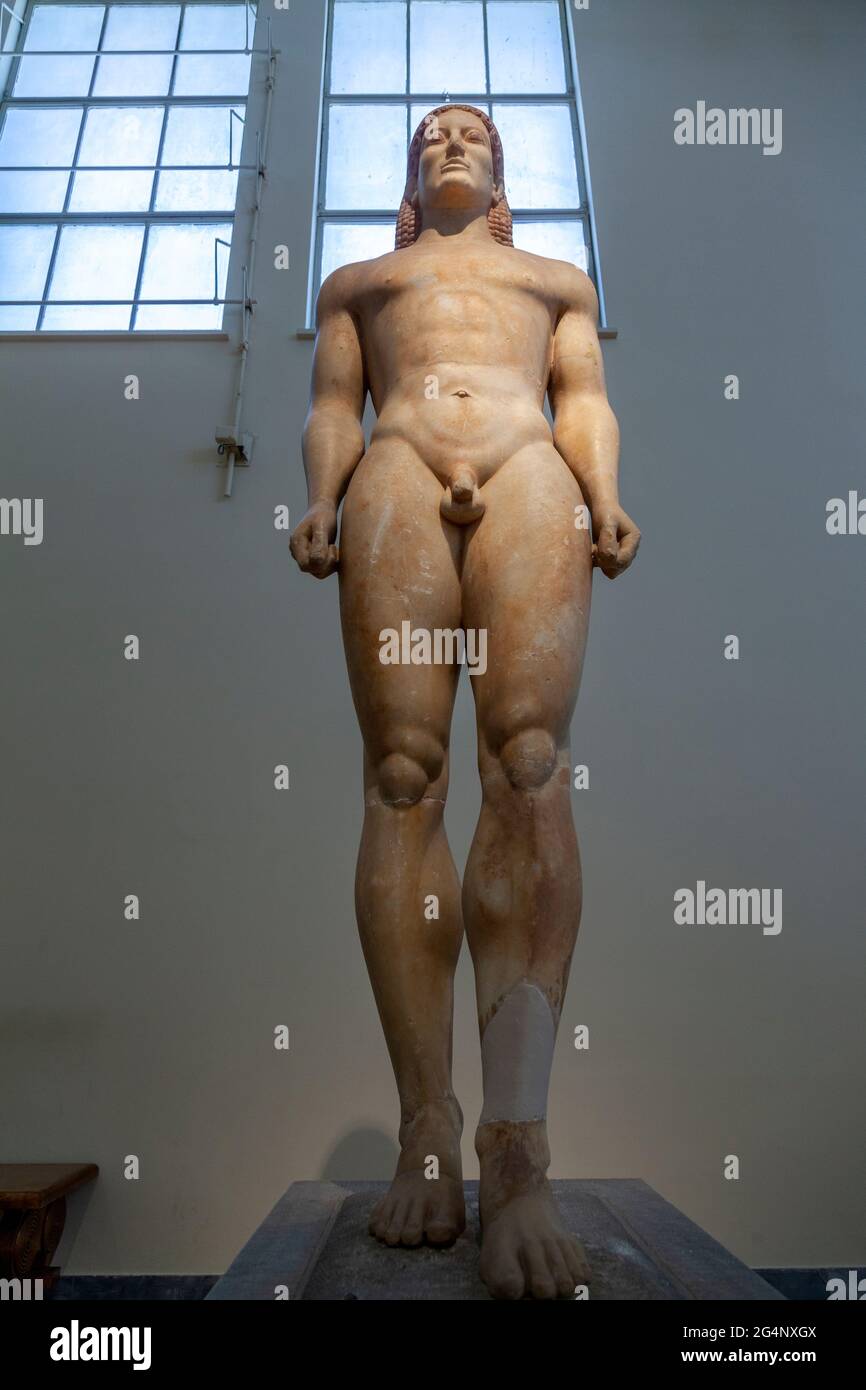 The Kroisos Kouros is a marble kouros from Anavyssos, in Attica, Greece, which functioned as a grave marker for a fallen young warrior named Kroisos. Stock Photo