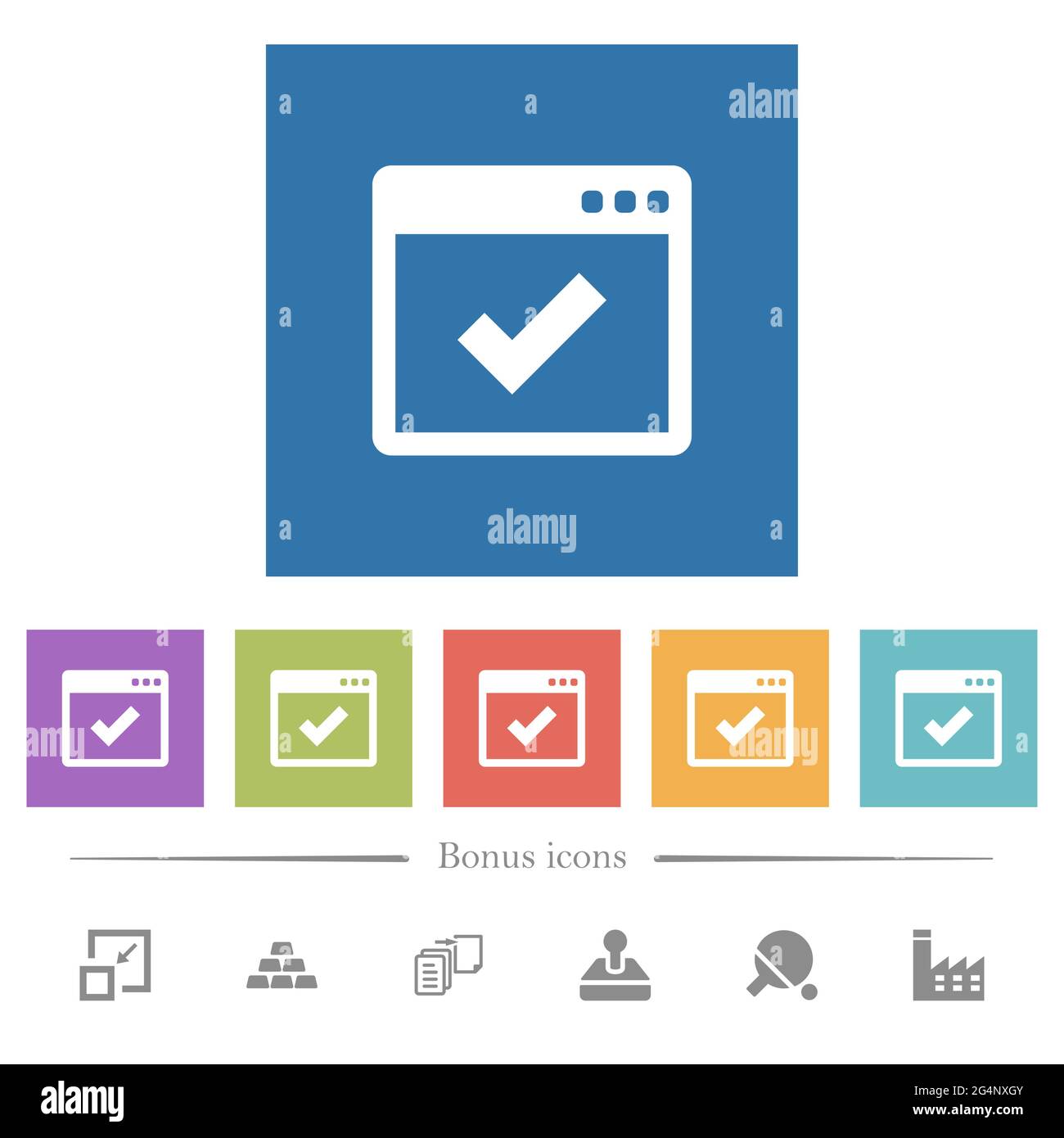 Application ok flat white icons in square backgrounds. 6 bonus icons ...