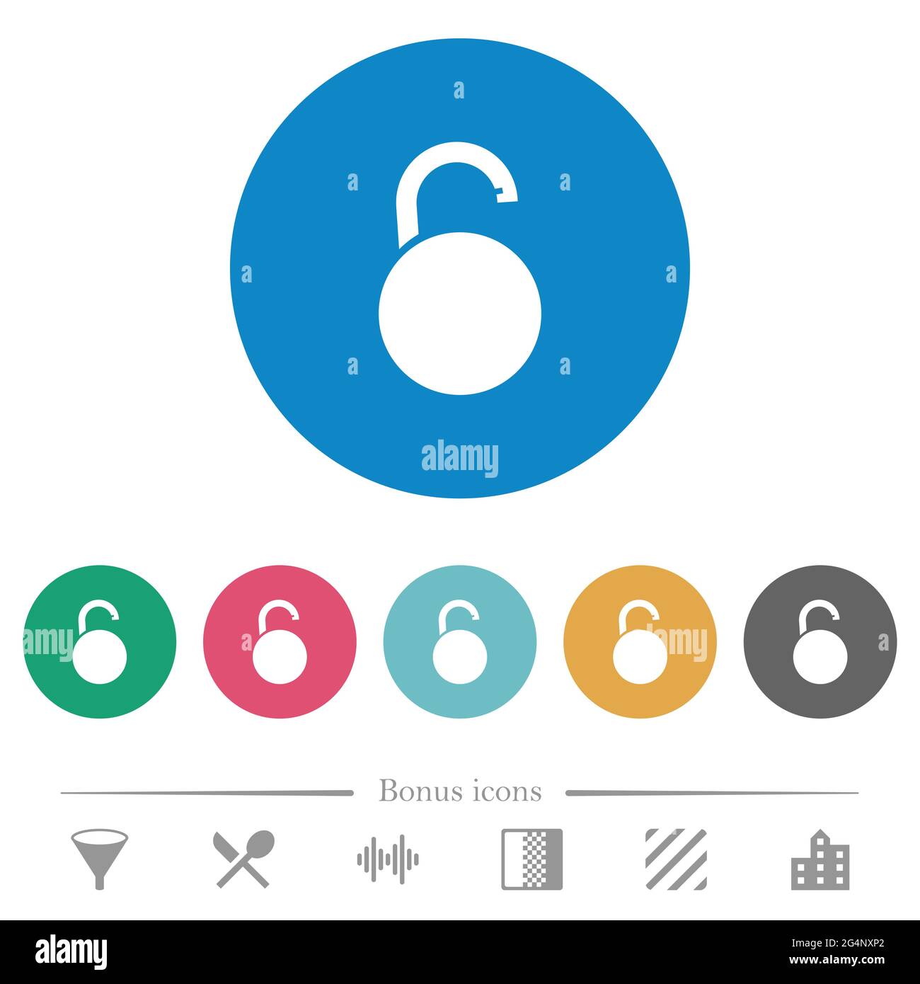 Unlocked round padlock flat white icons on round color backgrounds. 6 ...