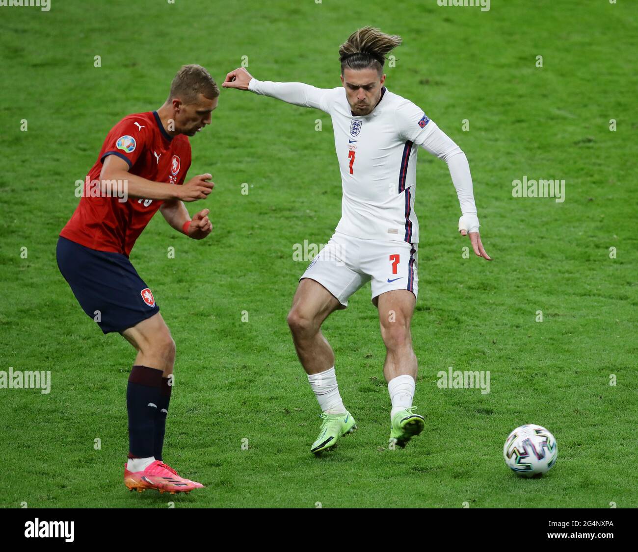 London, England, 22nd June 2021.  Tomas Soucek of Czech Republic tackles Jack Grealish of England during the UEFA European Championships match at Wembley Stadium, London. Picture credit should read: David Klein / Sportimage Stock Photo