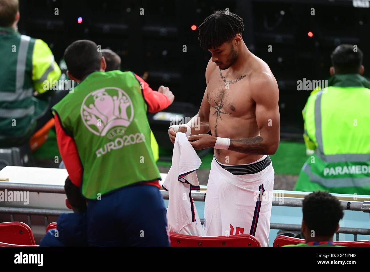 Soccer Football - Euro 2020 - Group D - Czech Republic v England - Wembley Stadium, London, Britain - June 22, 2021 England's Tyrone Mings gets ready to come on as a substitute Pool via REUTERS/Neil Hall Stock Photo