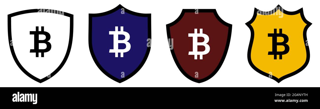 Bitcoin icon inside shield, different versions. Cryptocurrency strength / security concept Stock Vector