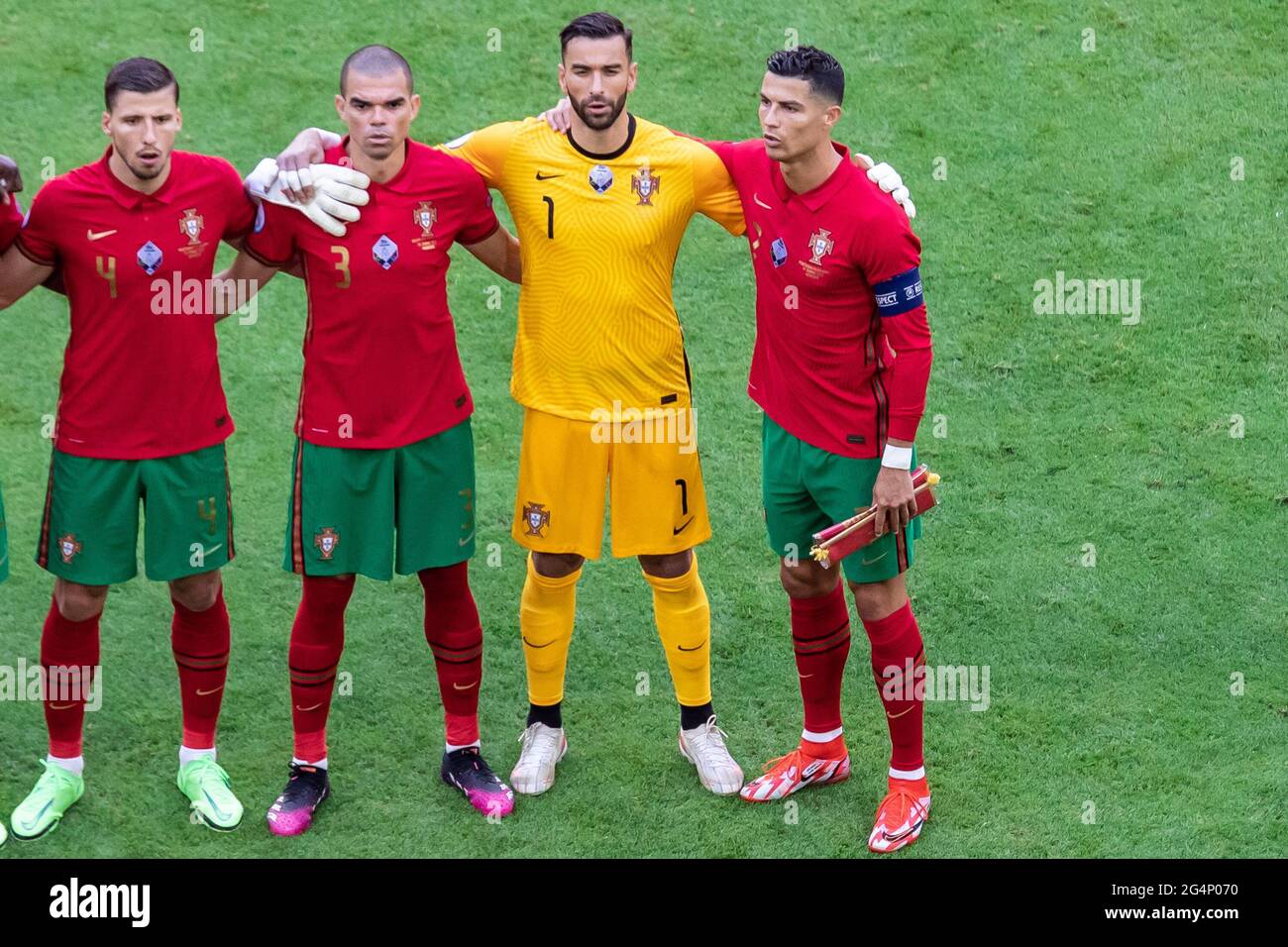 Munich, Germany. 19th June, 2021. Ruben Dias, Pepe, Rui Patricio and Cristiano Ronaldo are singing the national anthem during the UEFA EURO 2020 Championship Group F match between Portugal and Germany at Football Arena Munich. (Final score; Portugal 2:4 Germany) (Photo by Mikolaj Barbanell/SOPA Images/Sipa USA) Credit: Sipa USA/Alamy Live News Stock Photo